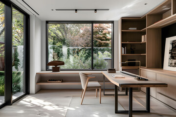 Fototapeta premium A modern home office with a minimalist desk, chair and floating shelves made of light wood against white walls, a large window showing greenery outside with clean lines and natural lighting.