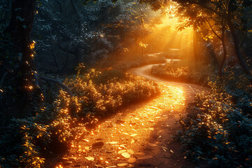 A meandering forest trail adorned with dappled sunlight, creating an enchanting atmosphere for a...