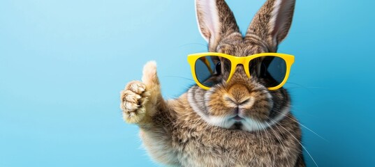 Stylish easter bunny rabbit in sunglasses giving thumbs up on pastel background with space for text
