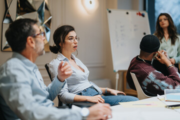 Multicultural team of business professionals engaged in a creative brainstorming session at work.