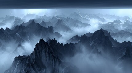  a black and white photo of a mountain range with a lightning bolt in the sky over the top of it.