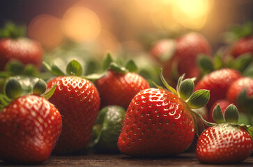 Tasty fresh strawberries with warm bokeh lights in the background