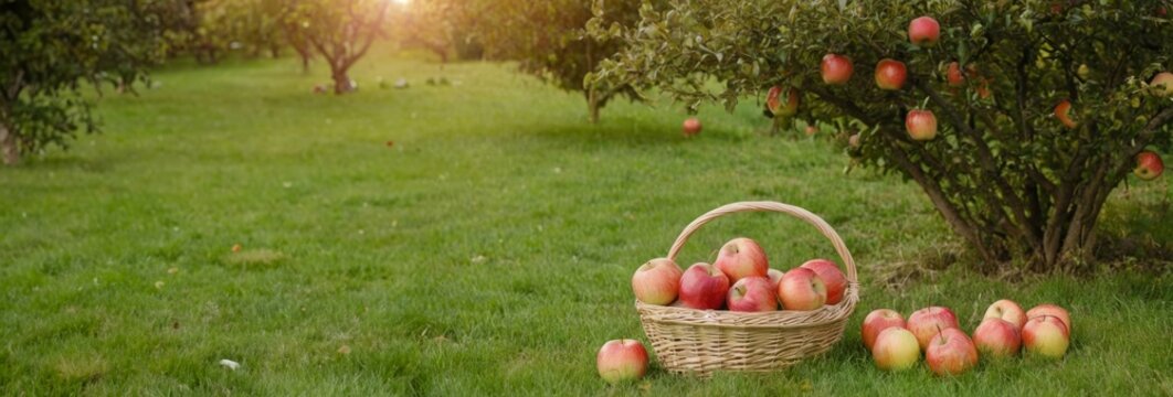 Garden with apple trees and a basket full of apples on the grass. Summer or fall vibe wide background or template with space for text.