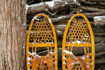 Detail of classic wooden snowshoes (Bear Paw) against pile of firewood