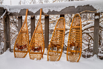 Classic wooden snowshoes (Huron and Bear Paw) in a backyard with snow falling