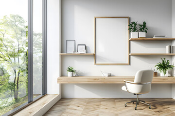 Fototapeta na wymiar A modern home office with a minimalist desk, chair and floating shelves made of light wood against white walls, a large window showing greenery outside with clean lines and natural lighting.