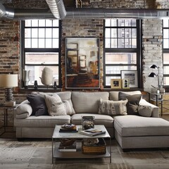 Urban Loft: Transform the living room into a chic urban loft space with industrial-inspired elements, exposed ductwork, and raw materials like brick and concrete. Generative AI