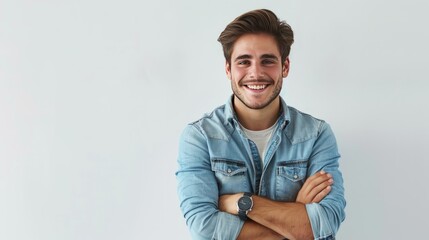 Portrait of young smiling caucasian man with arms crossed, wearing smart watch and casual denim shirt, isolated on white 