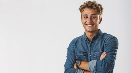 Portrait of young smiling caucasian man with arms crossed, wearing smart watch and casual denim shirt, isolated on white  - obrazy, fototapety, plakaty