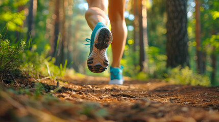 Action Shot of Woman Cross Country Trail Runner, Running in the Mountain Forest. Closeup of Legs and Shoes. Room for Copy and Text.
