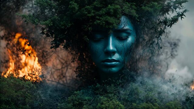 Mother earth mourns a burning rainforst