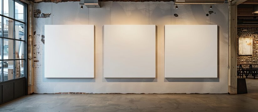 Three empty white papers are displayed on the wall as placeholders for artwork, photographs, posters, and prints.