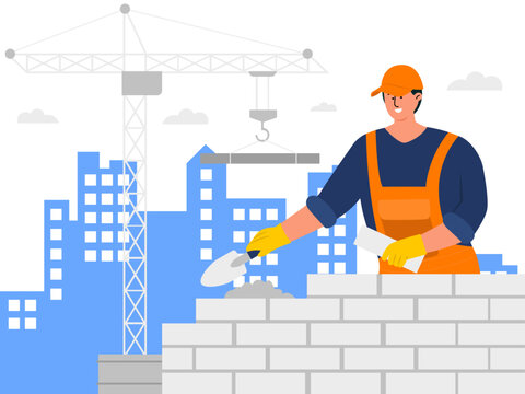 Worker building wall using bricks. Worker vector illustration.