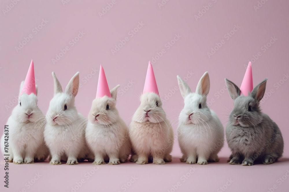 Poster A cute easter bunny rabbits wearing a fun celebration party hats