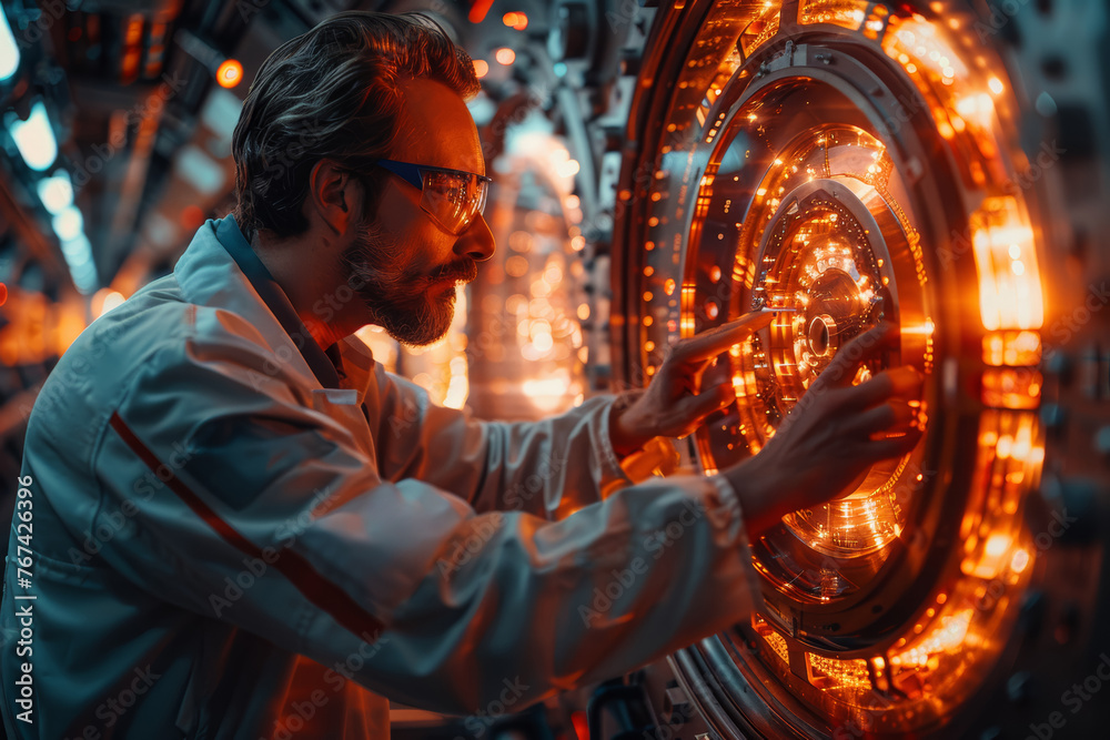Poster a scientist adjusting the parameters of a particle accelerator, unlocking the secrets of particle ph