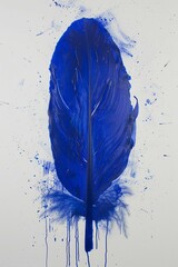 Splattered Blue Paint Feather Artwork on white background