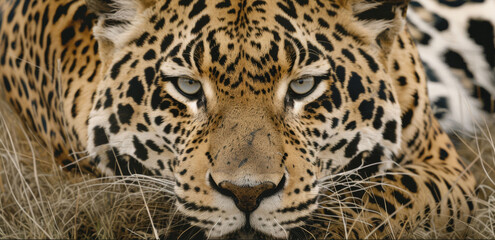  a close - up of a leopard's face with a black and white pattern on it's face.