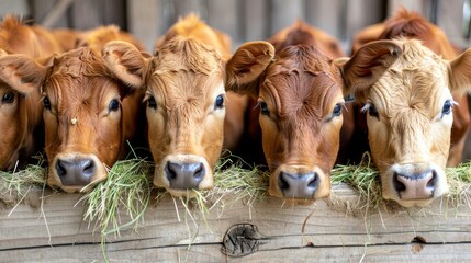 Cattle feeding in barn on dairy farm, cows eating hay or fodder at the cowshed for nutrition - obrazy, fototapety, plakaty