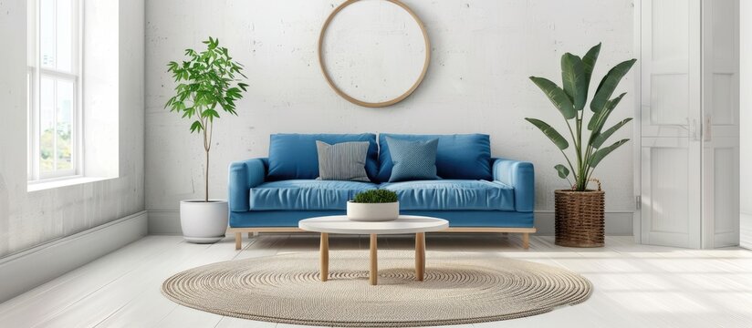 The simple living room features a white wicker rug and a blue sofa.
