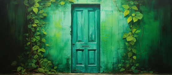 A green door, a fixture on a building, is set in a rectangle of wood with surrounding ivy on a wall painted in various tints and shades of green - Powered by Adobe