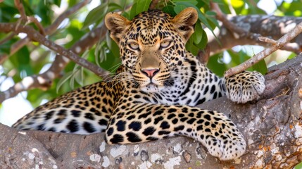 Naklejka premium a close up of a leopard laying in a tree with its paw on the tree branch and looking at the camera.