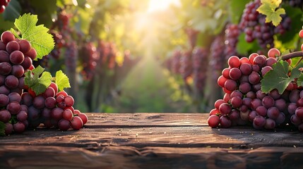 The simplicity and beauty of grape bunches arranged on a wooden table, with the serene backdrop of a vineyard adding to the ambiance. - obrazy, fototapety, plakaty