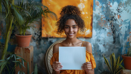 Smiling woman holding blank white paper in artistic environment