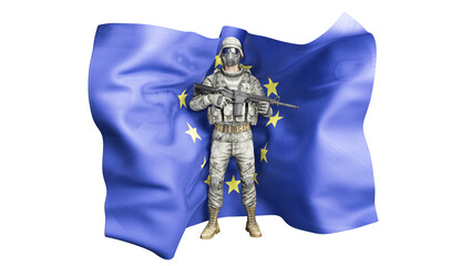Soldier in Camouflage in Front of the European Union Flag Waving