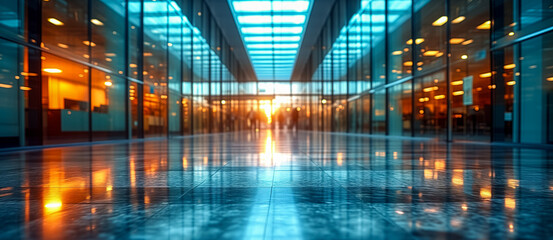 Sunset reflections on modern office building corridor