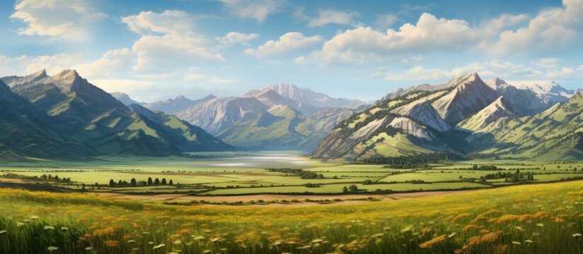 An art piece depicting a natural landscape with a meadow filled with grass, mountains in the background, and a sky filled with fluffy clouds
