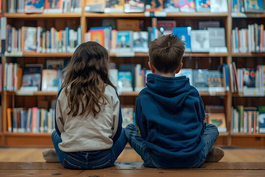 A photo of two children sitting in front of shelves filled with books, engrossed in books at an old bookstore. The background is filled with shelves stocked with various books and installations.