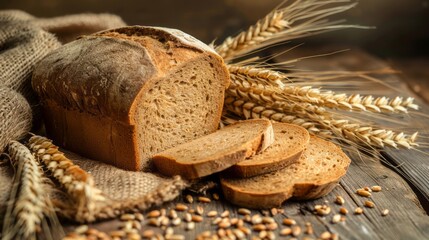 whole and sliced bread with ears and wheat grain on wooden background