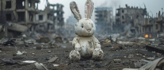 Battered stuffed bunny toy sitting among wreckage of city devastated by war, with collapsed buildings in the distance. Concept of  aggression and hostility inflicted upon innocent civilians. - obrazy, fototapety, plakaty