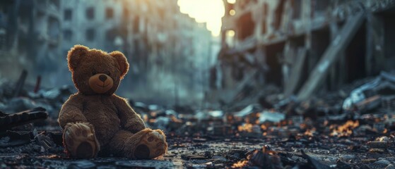 Worn-out stuffed bear toy resting amidst the ruins of a devastated city, with collapsed buildings in the backdrop. Symbol of aggression, war, hostility towards innocent civilians. - obrazy, fototapety, plakaty
