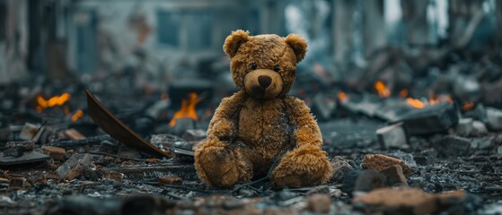 Worn-out stuffed bear toy resting amidst the ruins of a devastated city, with collapsed buildings in the backdrop. Symbol of aggression, war, hostility towards innocent civilians. - obrazy, fototapety, plakaty