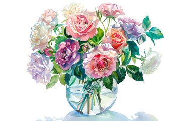 delicate roses in various colors arranged in a crystal clear vase on white background watercolor 