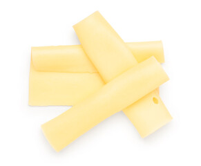 Delicious cheese slices on white background