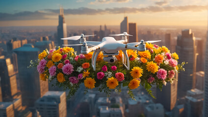 drone flies with a bouquet of flowers concept