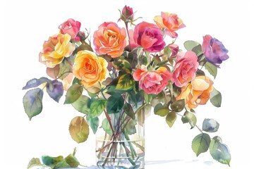 Naklejka na ściany i meble delicate roses in various colors arranged in a crystal clear vase on white background watercolor 