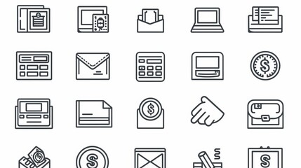 A basic collection of vector line icons related to money. includes icons for wallets, ATMs, bundles of cash, hands holding coins, and more. - obrazy, fototapety, plakaty