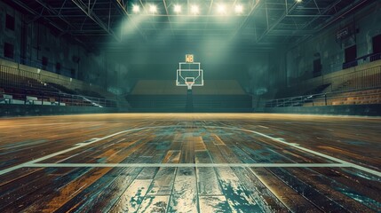 Empty basketball court floor against the backdrop of an empty stadium - obrazy, fototapety, plakaty