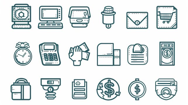 A basic collection of vector line icons related to money. includes icons for wallets, ATMs, bundles of cash, hands holding coins, and more.