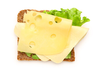 Tasty sandwich with cheese and lettuce on white background