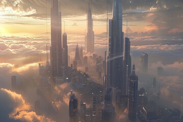 A modern metropolis with tall skyscrapers emerging from the clouds in the sky. Generative AI