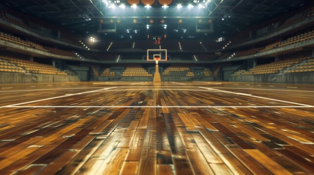 Empty basketball court floor against the backdrop of an empty stadium