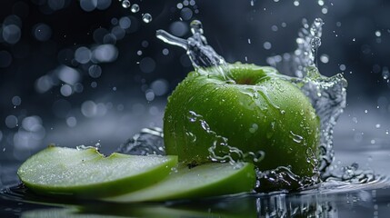 Green apple slices with splash of water 