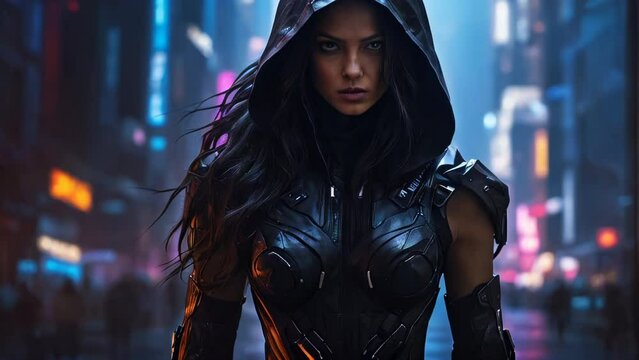 Female assassin in futuristic city top down tilt