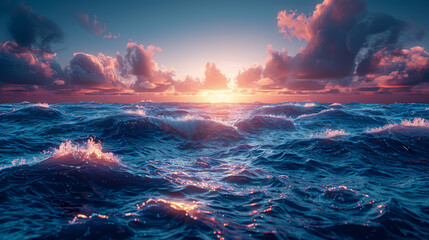 Wavy sea with sunset as wind energy source concept - obrazy, fototapety, plakaty