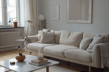 Scandinavian-inspired space with mid-century sofa, marble coffee table, and minimalistic decor.