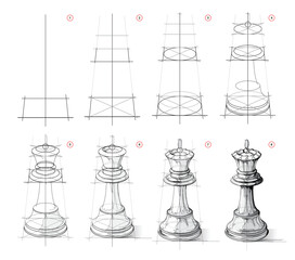 Page shows how to learn to draw from life sketch a chess king. Pencil drawing lessons. Educational page for artists. Textbook for developing artistic skills. Online education. Vector illustration.